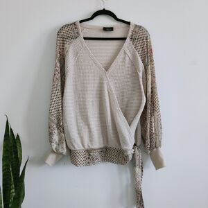 VICI Cream Waffle Knit Wrap Blouse Boho Medium